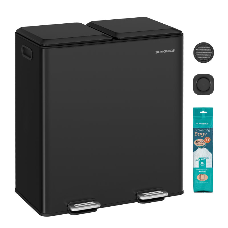 2×30L Dual‑Compartment Steel Pedal Kitchen Bin, Soft‑Close Lid, Removable Inner Buckets, Ink Black, Black