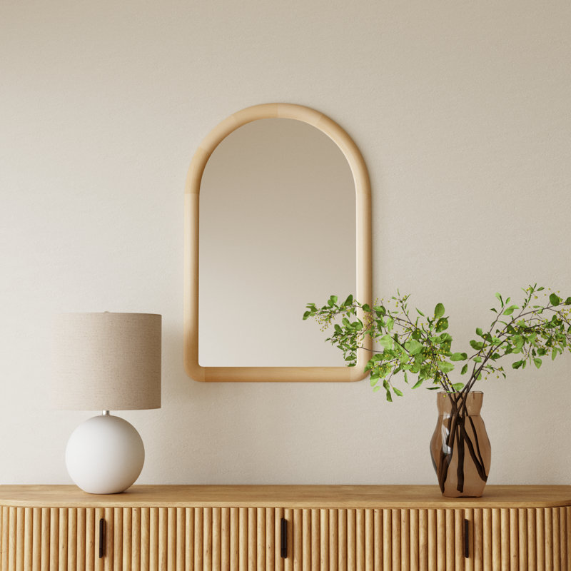 Breece Wooden Arched Bathroom Wall Mirror, Natural