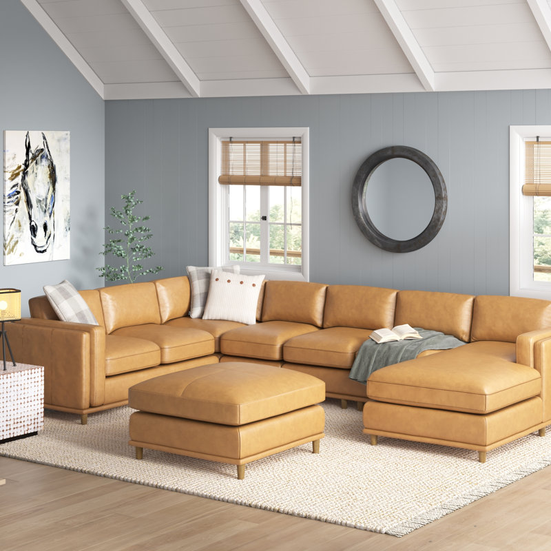 Jaxton Upholstered U-Shaped Sectional, Ginger Leather Match, 34" H x 174" W x 96" D