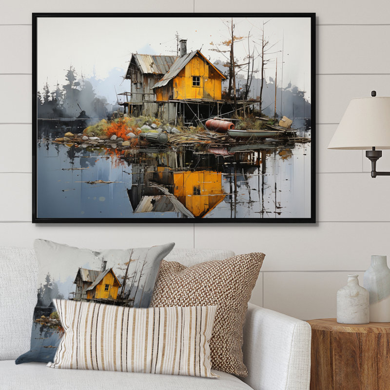 " Yellow Lakehouse Pier Reflections II ", Black Floater Framed, 16" H x 32" W x 1" D