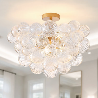 Nordic Bubble Ball Swirled Glass Chandelier 20 Inch, Gild Gold And Clear Blown Glass Small Pendant Light Fixture For Bedroom Study Restaurant 