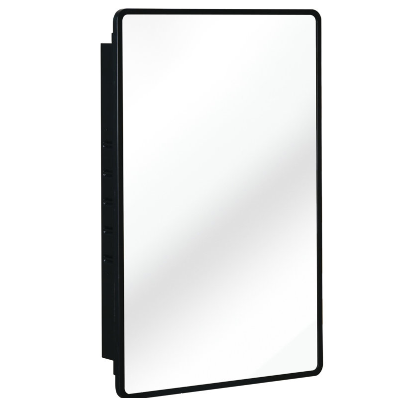 Armoire de salle de bain noire avec cadre en métal noir - 3 tablettes réglables murales ou encastrées, antirouille, intérieur en verre trempé, cloisons d'aspect classique, finition intérieure rouille