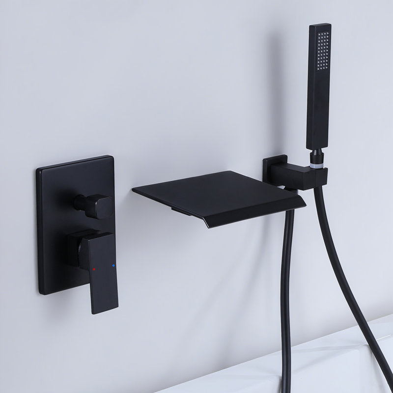 Wall Mounted Waterfall Bathtub Faucets with Anti-Scald Pressure Balance Valve, Modern Tub Spout with Handshower, Matte Black