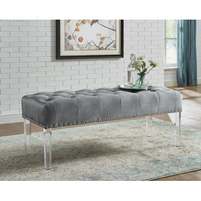 Banc rembourré en velours capitonné avec pieds en acrylique, gris