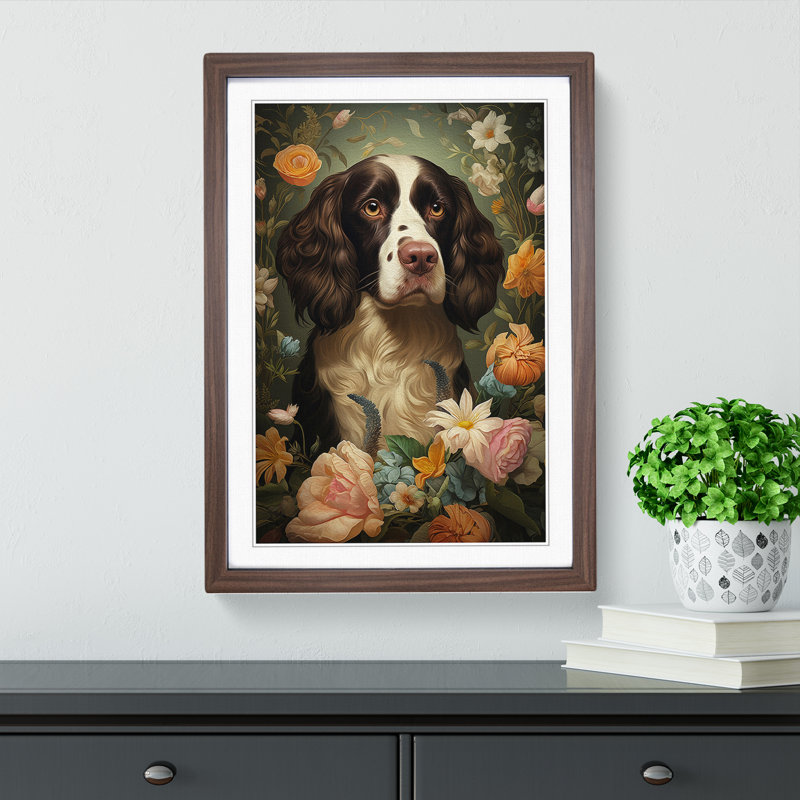 English Springer Spaniel Rococo - Single Picture Frame Print on Wood, 34cm H x 25cm W x 2cm D, Walnut