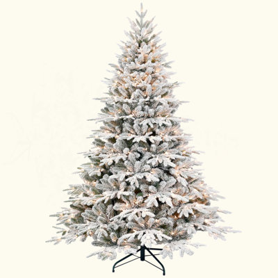 Pre-Lit Flocked Artificial Christmas Tree With 300 Warm White Incandescent Lights, 1419 Tips, Snowy PE+PVC Hinged Pine With Partial Memory Wire Branches, Foldable Metal Stand For Holiday Dec