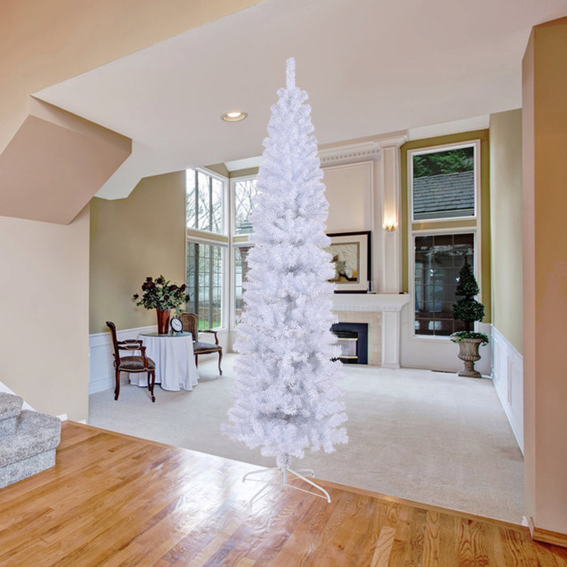 Arbre de Noël artificiel mince 7,5 pi avec base en métal pliable, Blanc