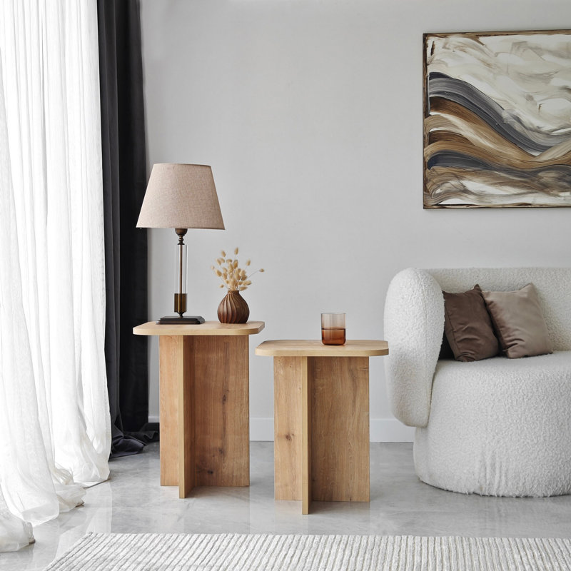 Modern Oak Side Table Set (2 Pieces), 15.7 x 19.7 x 15.7 & 15.7 x 21.7 x 15.7 inches | 100% Melamine Coated Particle Board, Thickness: 0.71 inches | Stylish Scandinavian Design, Ideal for Living Room & Bedroom