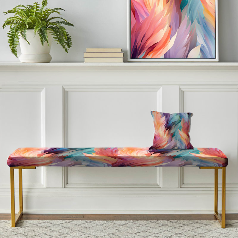 Camouflage Upholstered Gold Bench, Peach And Green Ethereal Ikat Feathers - Abstract