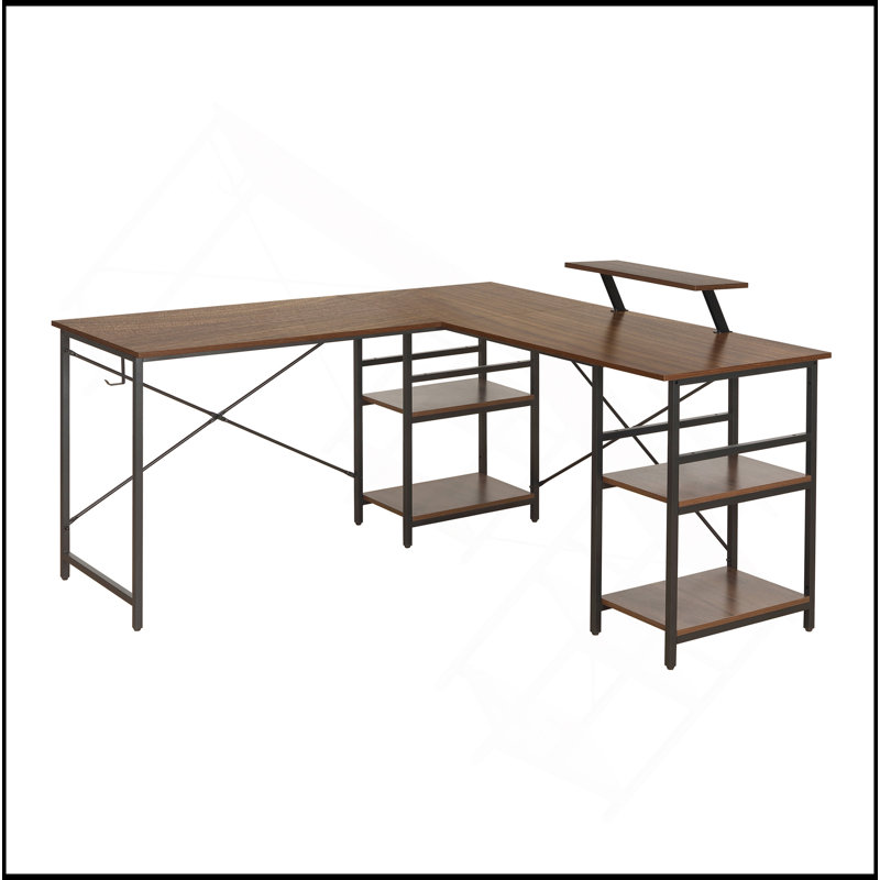 Bureau industriel en L avec tablettes de rangement, noyer Techni Mobile