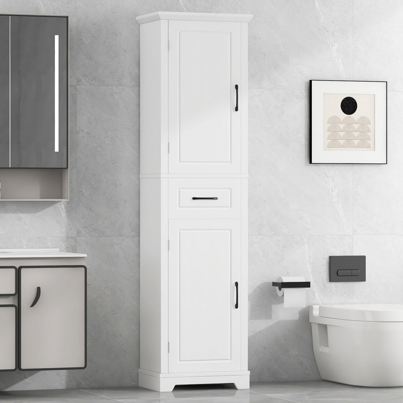 Grande armoire de rangement pour salle de bain avec deux portes, tablettes réglables et tablette de porte, panneau de fibres à densité moyenne autoportant avec finition peinte