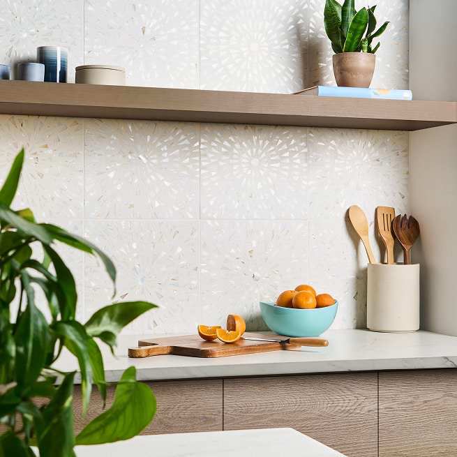 Estee 12x12 Polished Pearl Inlay and Cement Tile, Frosty White