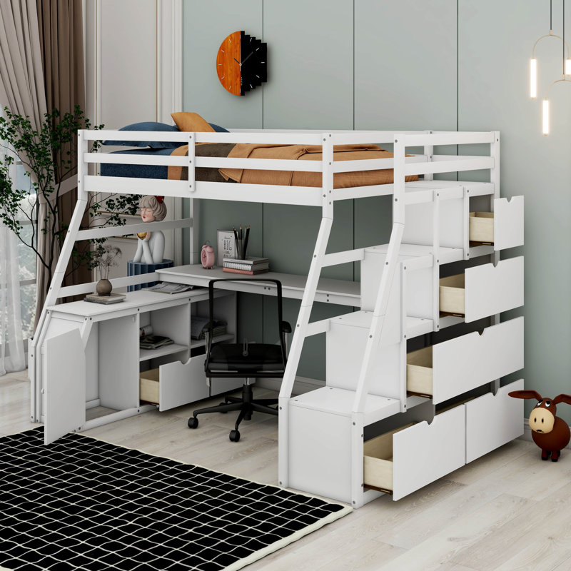 Lit mezzanine avec 7 tiroirs, 2 tablettes et un bureau, Simple, Blanc