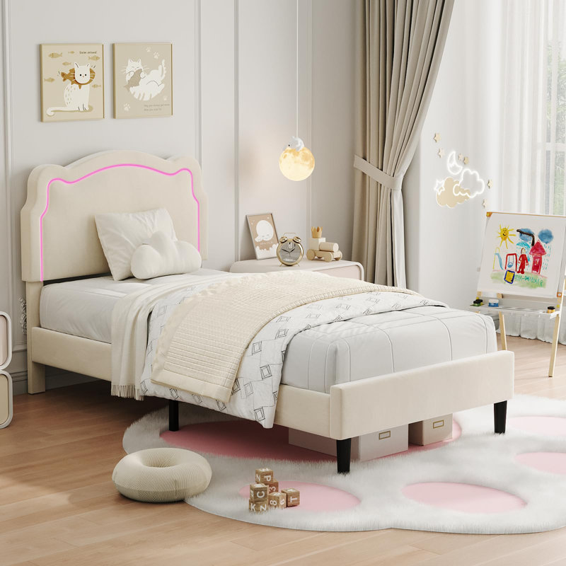 Structure de lit simple avec tête de lit tapissier réglable et lit plateforme princesse en velours à DEL pour filles / enfants