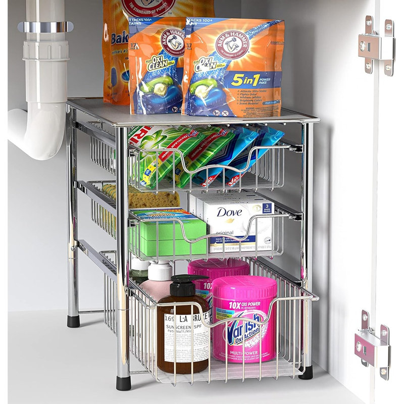 Stackable 3-Tier Sliding Basket Organizer Drawer, Chrome