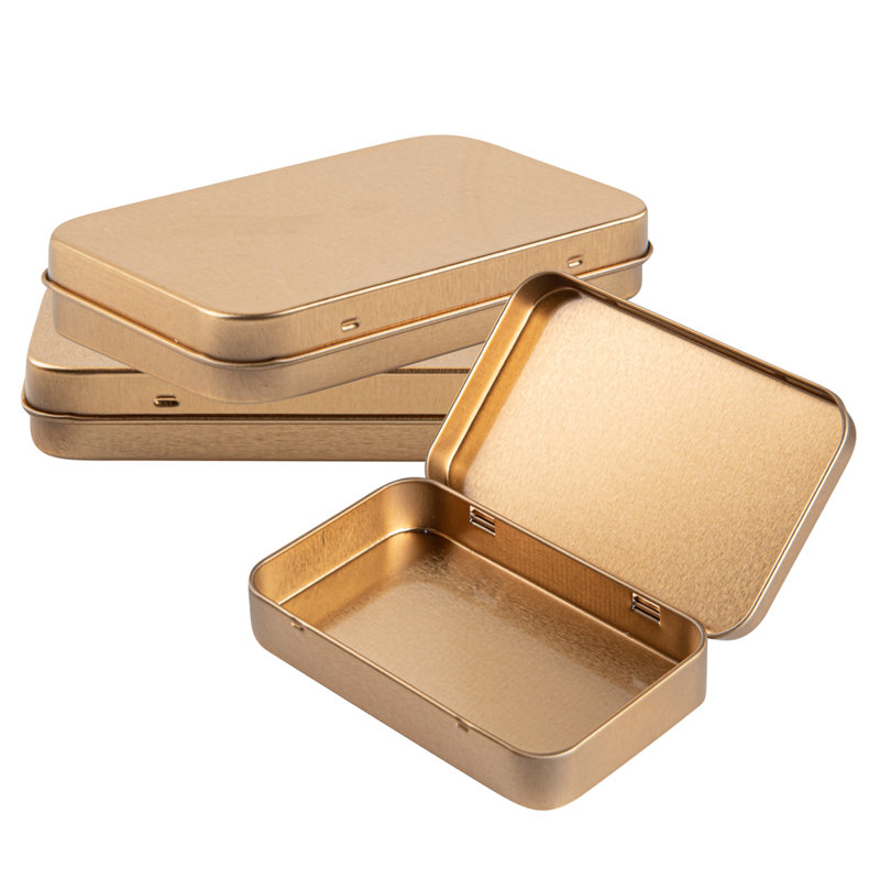 Restaurantware-RW Base 5.8 Ounce Rectangular Tin Containers, 10 Durable Tin Boxes With Lids - Hinged Lids, Rounded Edges, Gold Storage Containers, Customizable, Fits Mints, Pills, Or Herbs