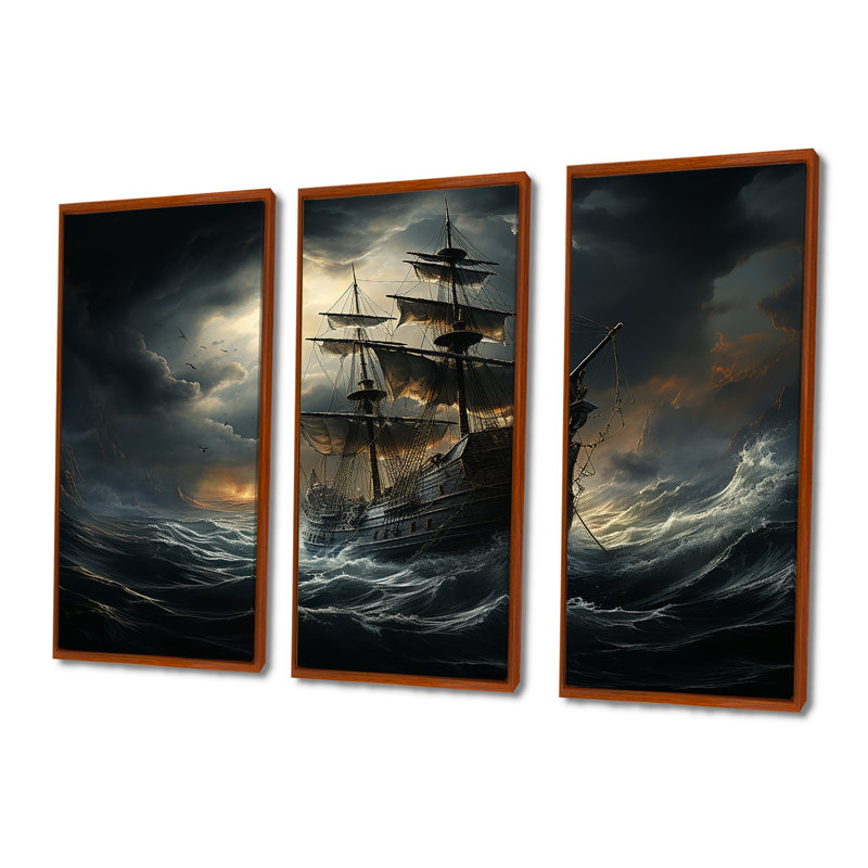 «Pirate Ship At Stormy Seas», ensemble d'art sur toile, H 40 po x l 60 po x P 1 po, Cadre flottant brun
