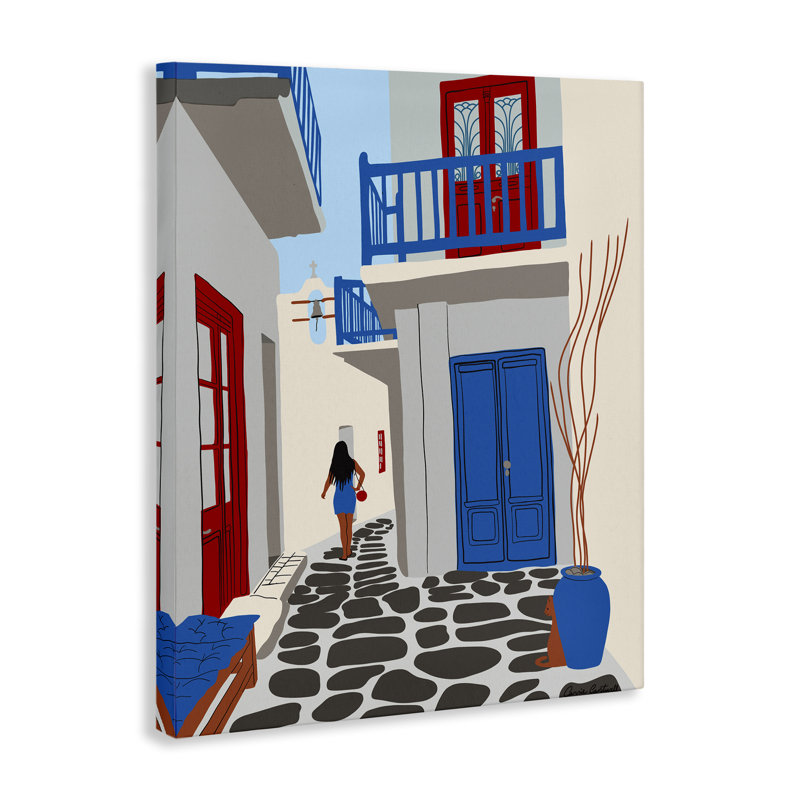 Art mural sur toile Mykonos City Alley par Carrie Cantwell, H 48 po x l 36 po