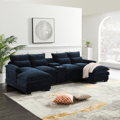 Upholstered U-Shaped 6-Seater Sofa With Console,Cup Holder And Usb Ports