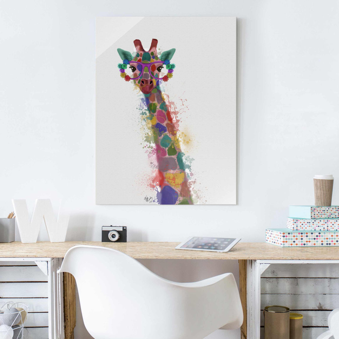 Glasbild Regenbogen Splash Giraffe