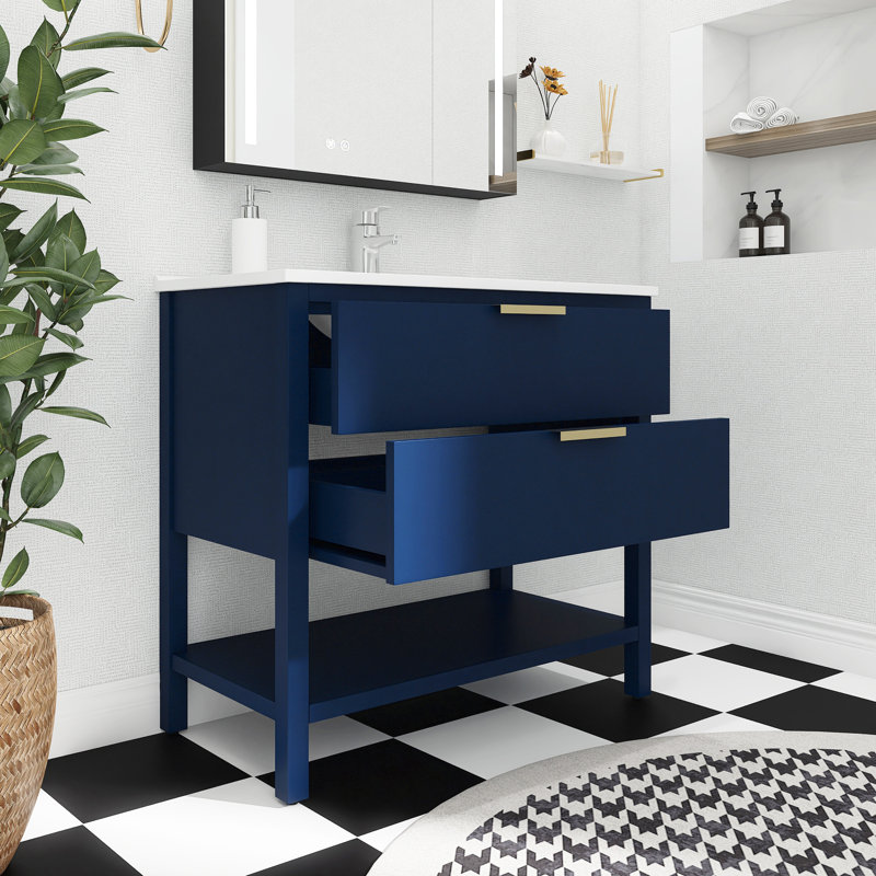 Meuble-lavabo simple 36 po avec plateau Anastajia, Bleu marine