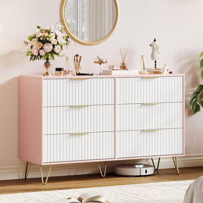 Fluted Dresser for Bedroom with 6 Drawers,47" Wide Modern Chest of Wooden Bedroom Chest with Metal Handle,Clothes Storage Organizer,Dresser & TV Stand for Living Room,Hallway
