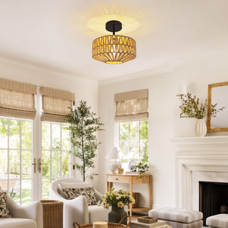 10.4" 1-Light Boho Natural Hemp Rope Semi Flush Mount Light,For Living Room, Kitchen, Hallway(Bulb Not Include)