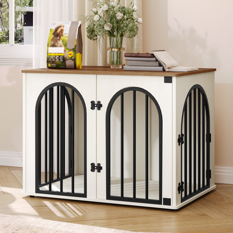 Dog Crate Furniture, 80 cm Wooden Dog Crate, Indoor Kennel for Small/Medium Dogs, End Side Table Animal Crates, Anti-Chew, Anti-Escape, Arched Door Design