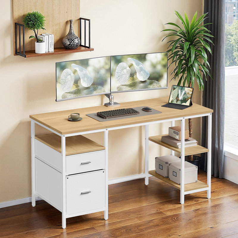 Computer Writing Desk with Shelves Drawers 60 140 76 cm Industrial Style, Natural/White