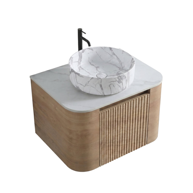 Wall Mounted With Stone Top, Chêne miel, Des joints pivotants doubles de 24 po, Blanc de Carrare