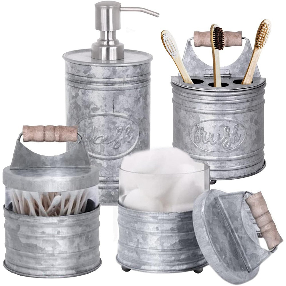 Autumn Alley Bathroom Accessories Set 4 - Galvanized Farmhouse Soap Dispenser, Toothbrush Holder, 2 Apothecary Jars - Galvanized Gray