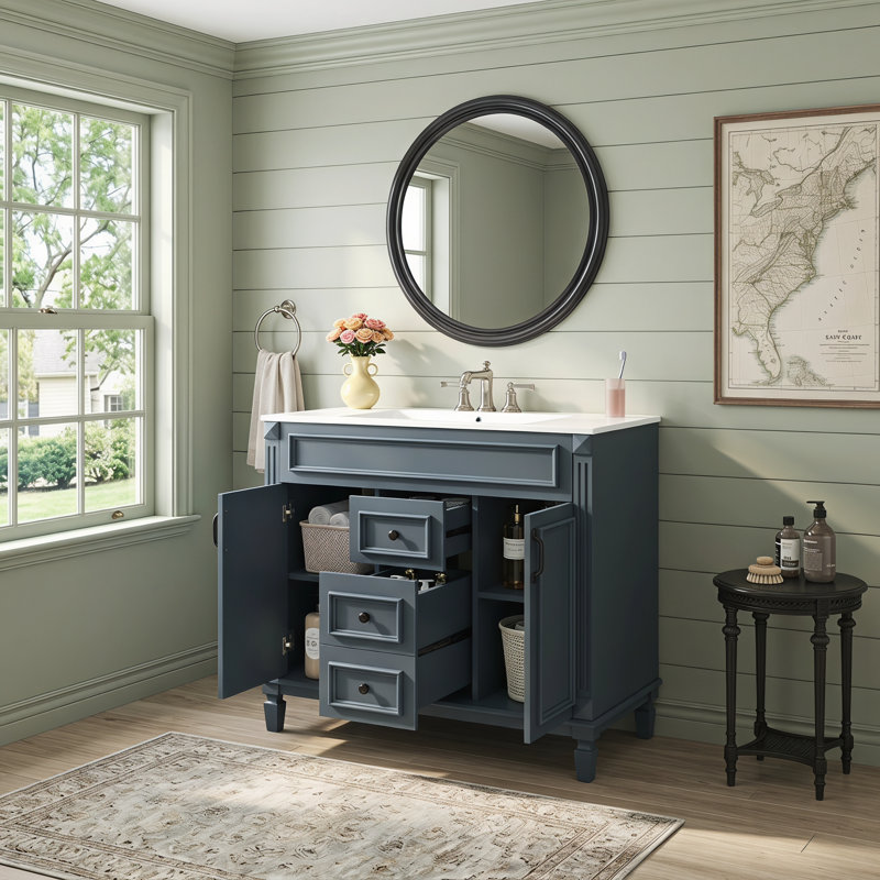 Meuble-lavabo de salle de bain 36 po avec lavabo supérieur, armoire de rangement moderne avec 2 portes à fermeture douce et meuble-lavabo simple