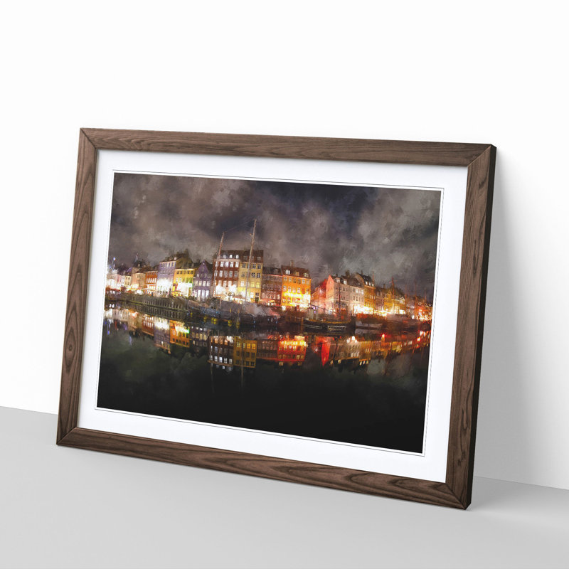Nyhavn Canal in Denmark - Picture Frame Graphic Art Print, 33cm H x 45cm W x 2cm D, Walnut Framed