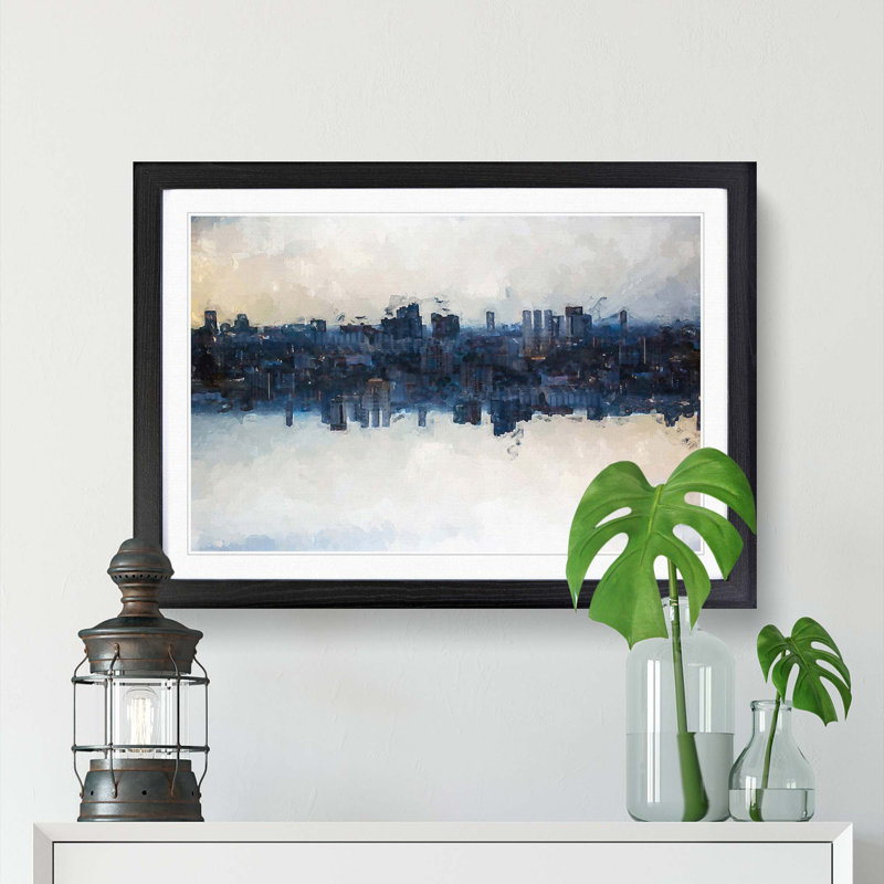 City Mirror in Abstract - Picture Frame Graphic Art Print, 27cm H x 36cm W x 2cm D, Black Framed