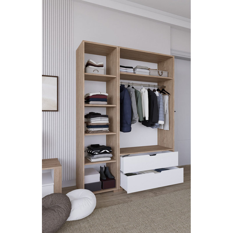 Modern Wardrobe with Numerous Shelves, Light Walnut Finish, 51.2 x 72.0 x 17.7 inches | 100% Melamine Coated Particle Board, Thickness: 0.7 inches | Wall-Mountable Design for Space-Saving & Stylish Storage
