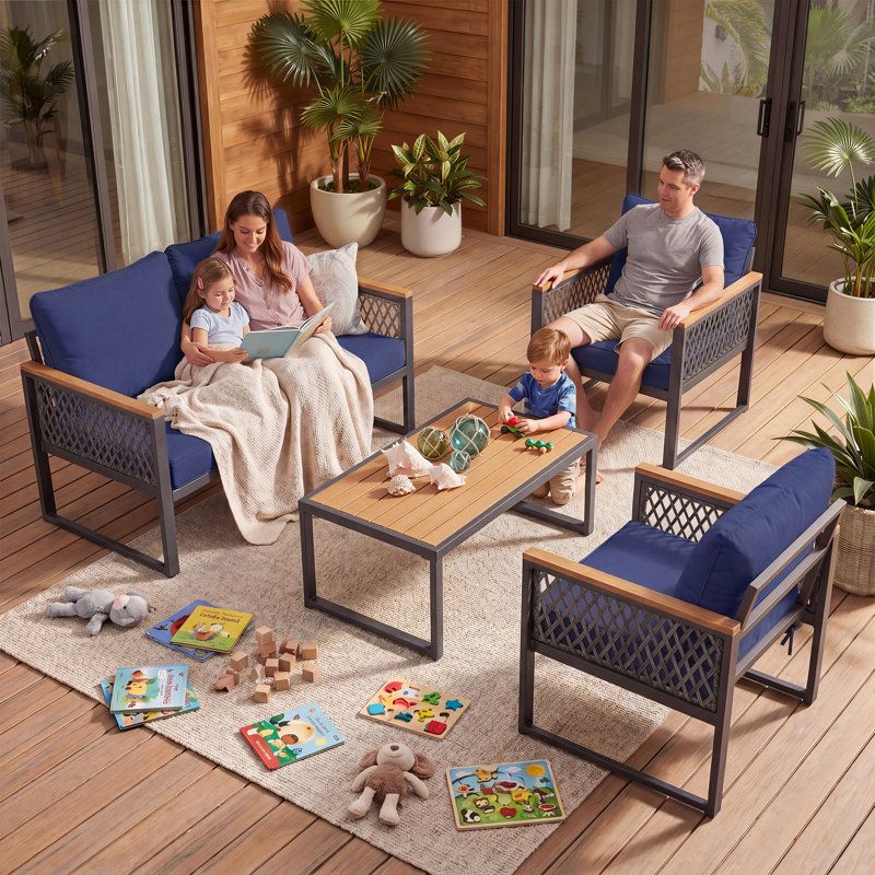  Ensemble de conversation pour 4 personnes avec table basse à motif grain de bois et coussins résistants aux intempéries