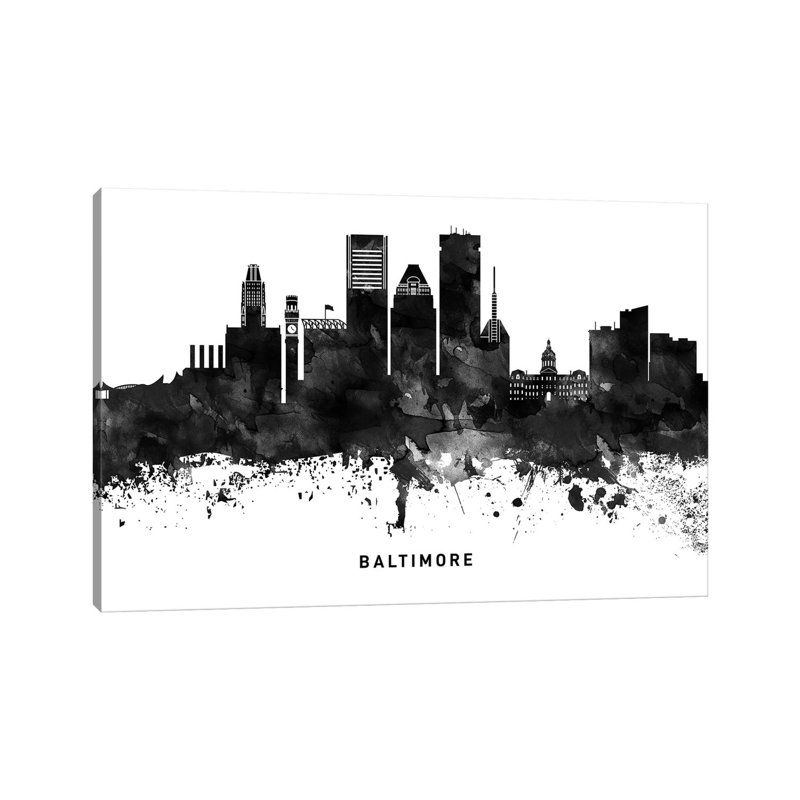 Baltimore Skyline Black And White by WallDecorAddict - Wrapped Canvas Print, 152.5 cm H x 101.5 cm W