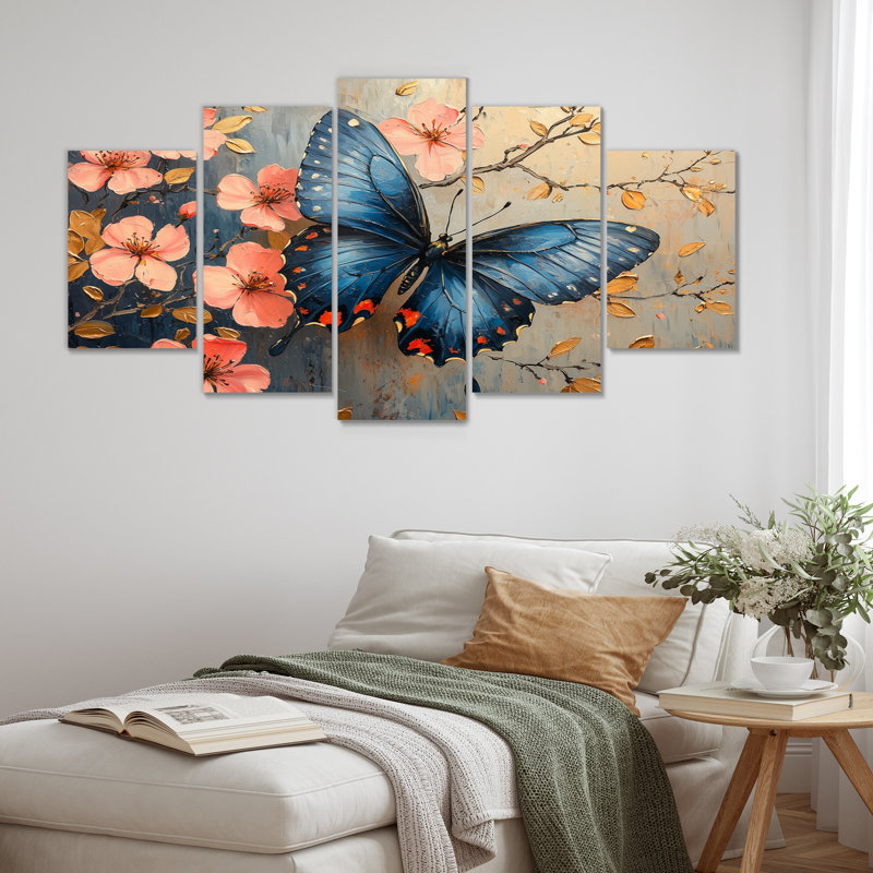 Ensemble de salon art mural papillon bleu sur une branche de cerisier en fleurs doré I