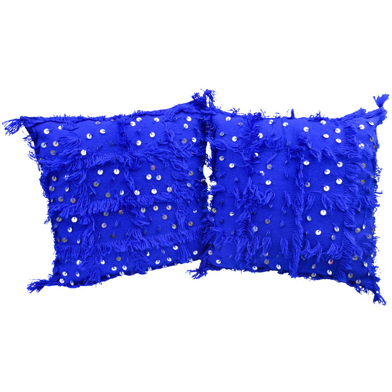 Ensemble de 2 coussins rétro style marocain à franges et paillettes bleues