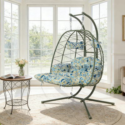 2 Person Hanging Egg Chair With Stand, Double Outdoor Wicker Swing Chair With Adjustable Footrest & Thickened Cushions For Patio Garden Balcony