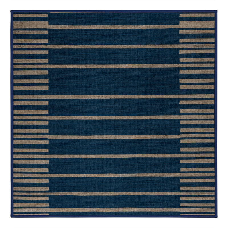 Machine Washable Horizontal Stripes Blue Area Rug, Square 3'