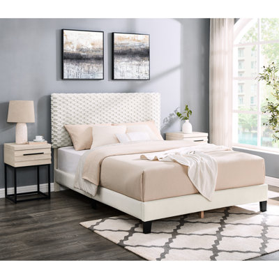 Chambre à coucher avec lit tapissier 3D et 2 tables de chevet, taille double, 3 tiroirs, design complet et attrayant