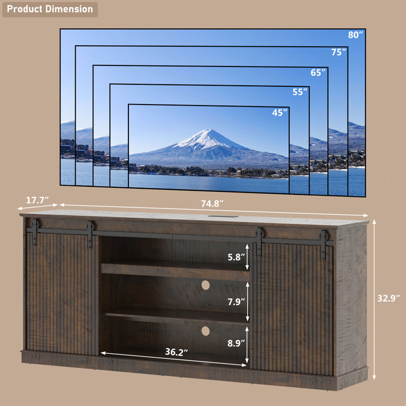 74 Inch Farmhouse Entertainment Center, TV Stand for 45-85 Inch TVs with Sliding Barn Doors, Charging Station and Adjustable Storage Shelves