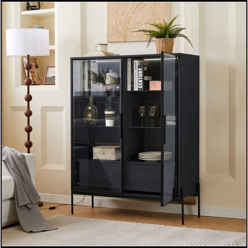 51.2'' Tall Lighted Display Cabinet With Tempered Glass Door, Metal Legs, LED Curio Cabinet, Modern Minimalist Style, For Living Room, Office, Study