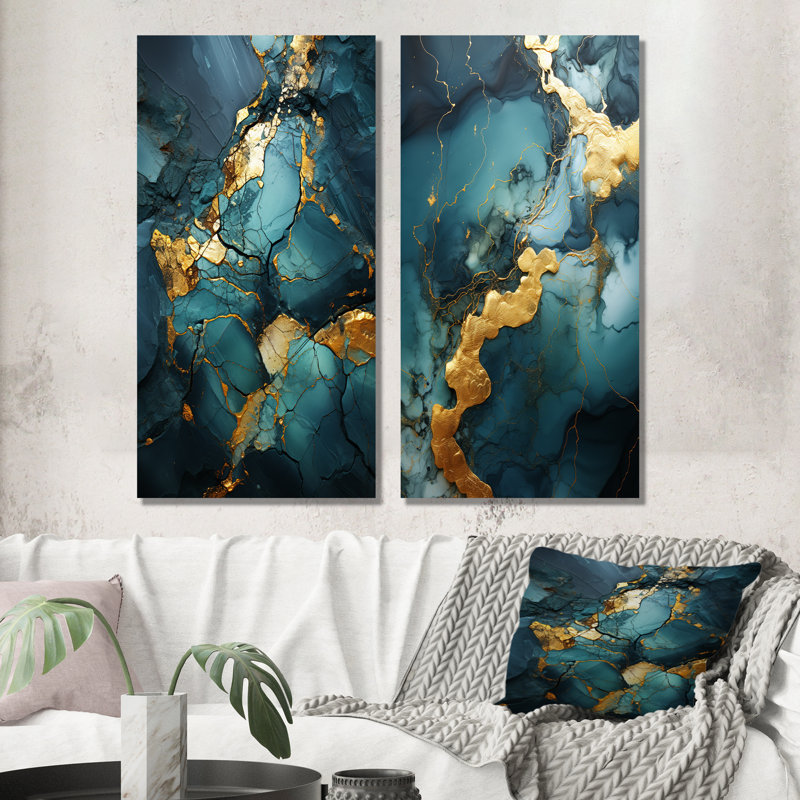 Or et vert, marbre abstrait IV, ensemble de 2 reproductions d'art sur toile, Toile tendue, H 40 po x l 41 po
