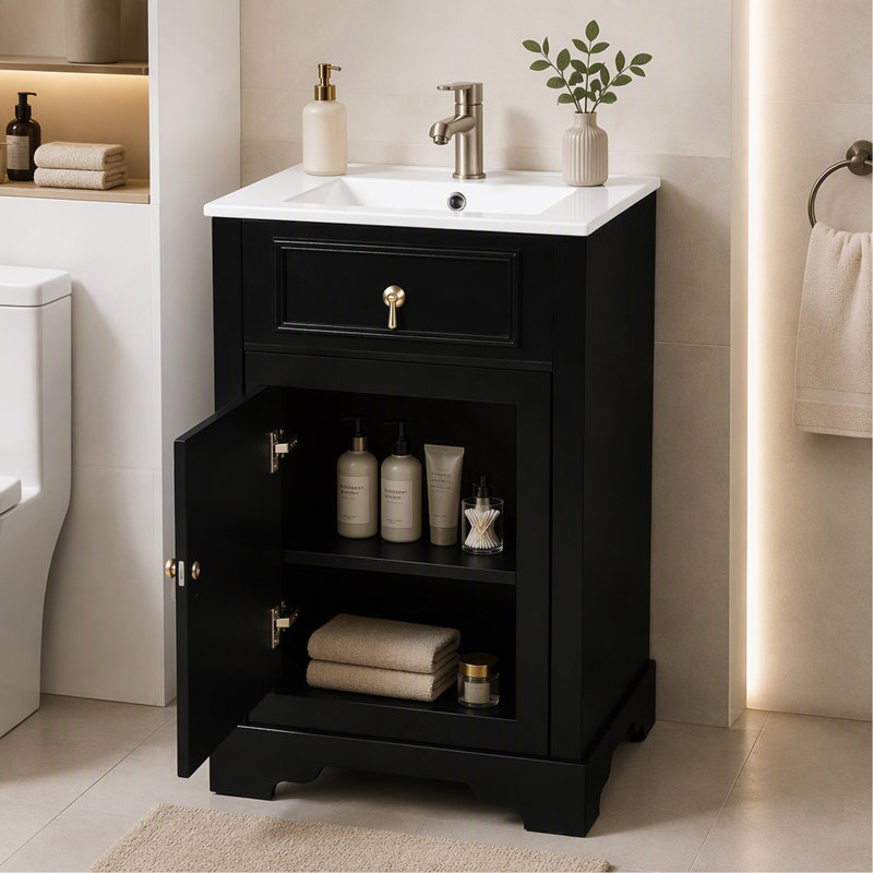 Meuble-lavabo moderne autoportant de 50 cm avec lavabo en céramique, porte simple à fermeture en douceur, idéal pour les petites salles de bain et les salles d'eau.