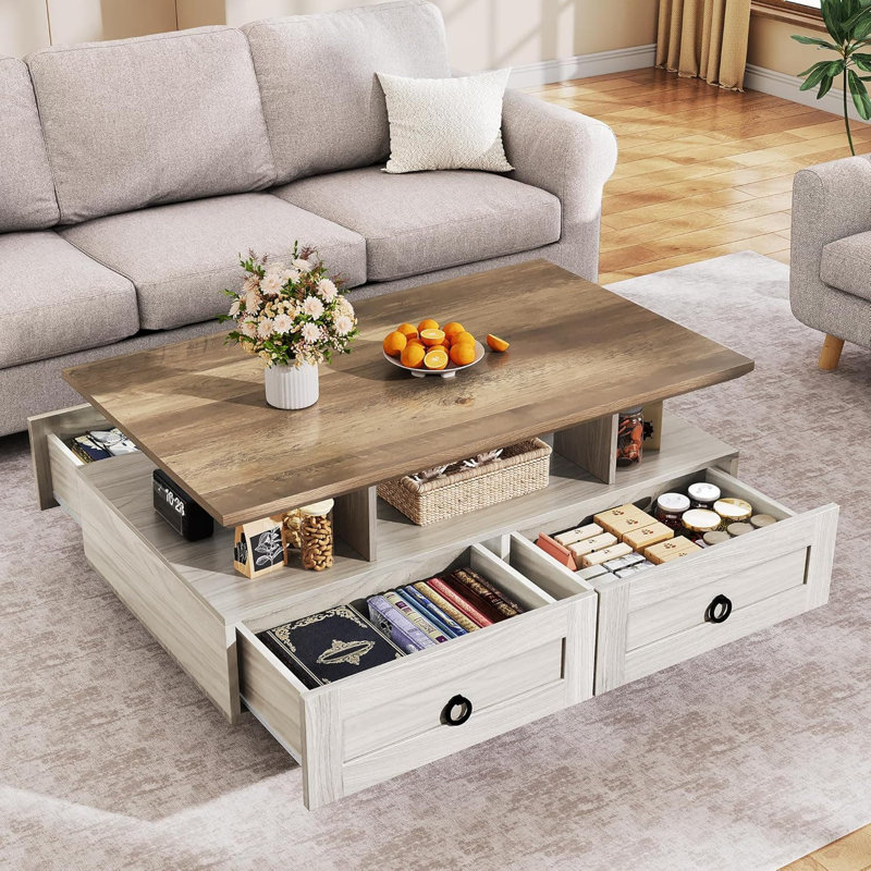 Table basse Farmhouse à DEL avec tiroirs de rangement et éclairage multicolore, table de cocktail industrielle en bois avec tablette ouverte pour le salon