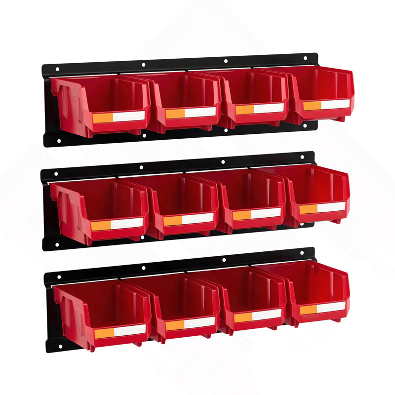 Bacs de rangement muraux, 12 bacs en plastique et 3 rails en métal, bac de rangement empilable en plastique pour vis, écrous, boulons, clous, organisateur d'outils de quincaillerie pour atelier, salle d'artisanat, garage, rouge