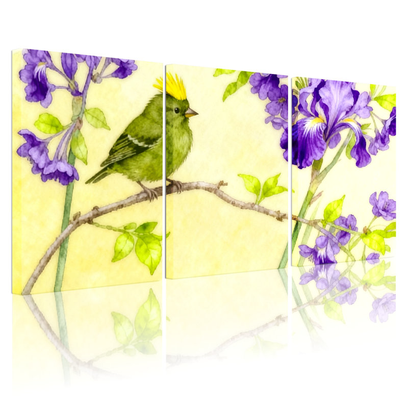 Oiseaux oiseaux verts, fleurs mauves, fond jaune, ensemble de 3 impressions sur toile, H 24 po x l 48 po