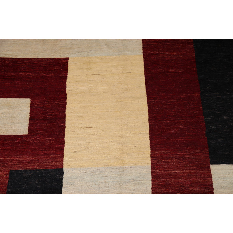 Tapis géométrique marron / gris / noir en laine noué à la main 6 pi 6 po x 9 pi 5 po Geometric